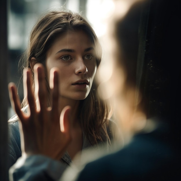 Vrouw staat tegenover een man en houdt zijn hand omhoog voor hem