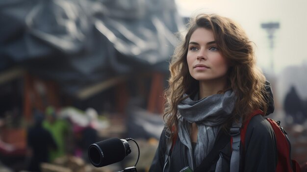 Vrouw staat voor de camera met vuur op de achtergrond Vrouwengeschiedenisdag