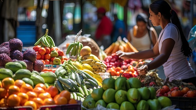 Vrouw staat voor een fruitstand