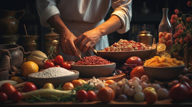 Foto vrouw staat voor een tafel vol eten