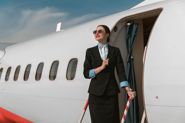 Vrouw stewardess in zonnebril staande op de trap van het vliegtuig op de luchthaven en wegkijkend