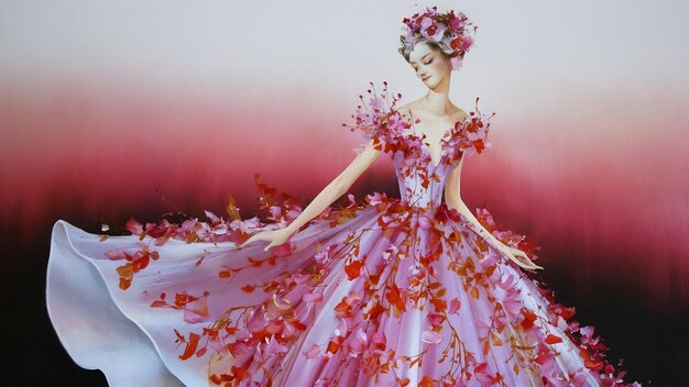 Vrouw stijl in jurk met bloemen op roze achtergrond