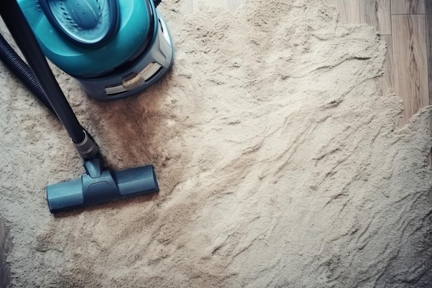 Vrouw stofzuigende tapijt met stofzuiger bovenkant schoon spoor op vuil oppervlak esthetische uitstraling