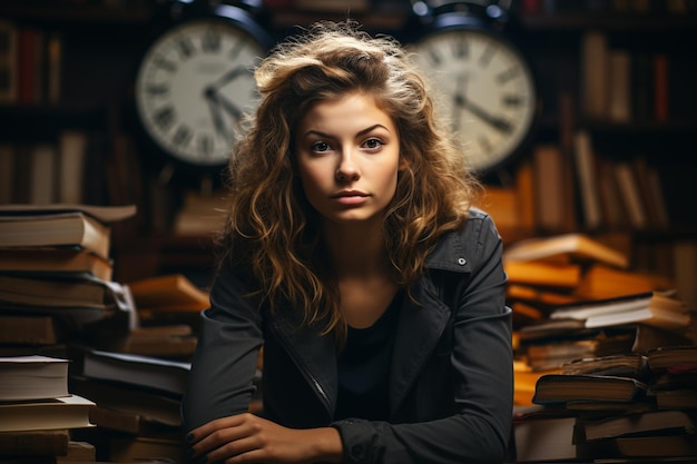 Vrouw studeert met laptop en een stapel schoolboeken