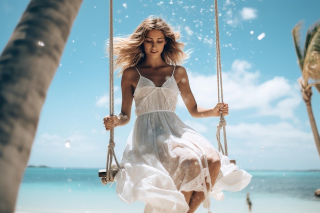 vrouw swingend in een oceaanstrand met palmbomen luxe tropische vakanties