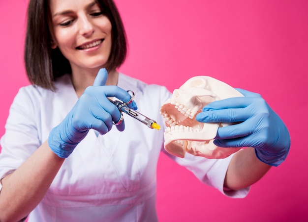 Vrouw tandarts met een carpoolspuit injecteert verdoving in het tandvlees van de kunstmatige schedel