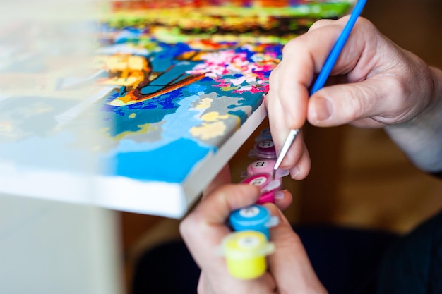 Vrouw tekent met een penseel schilderen op nummer op canvas Foto op nummer Tekenen op canvas