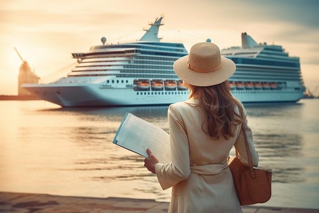 Foto vrouw toerist met kaart staande voor grote cruiseschip reizen vrouw