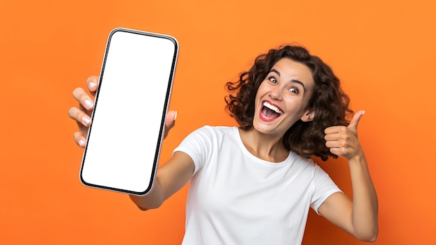 Vrouw toont leeg telefoonscherm
