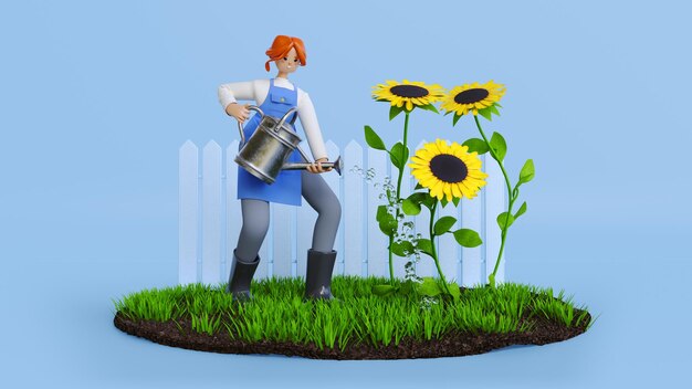 Vrouw tuinman drenken zonnebloemen 3d render