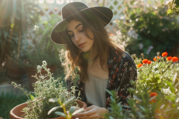 Vrouw tuint planten in haar achtertuin Generatieve AI