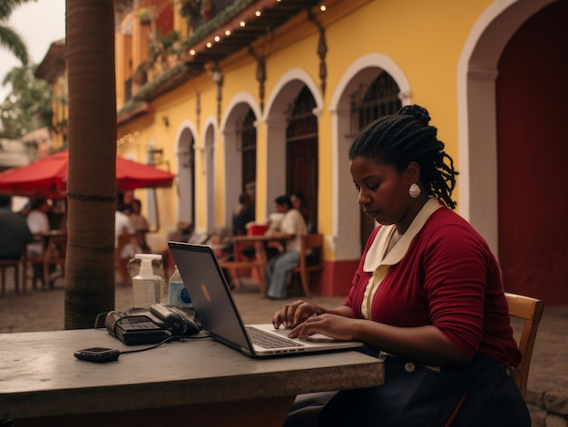 Vrouw uit Colombia werkt aan een laptop in een levendige stedelijke omgeving