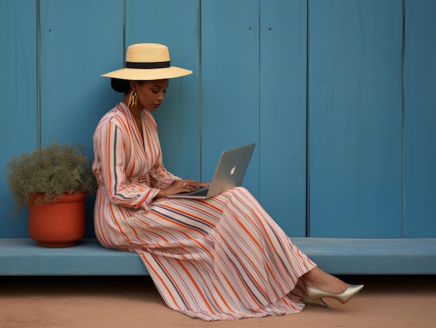 Vrouw uit Colombia werkt aan een laptop in een levendige stedelijke omgeving