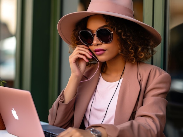 Vrouw uit Colombia werkt aan een laptop in een levendige stedelijke omgeving