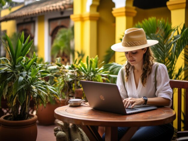 Vrouw uit Colombia werkt aan een laptop in een levendige stedelijke omgeving