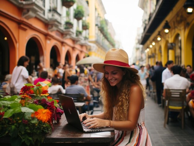 Vrouw uit Colombia werkt aan een laptop in een levendige stedelijke omgeving