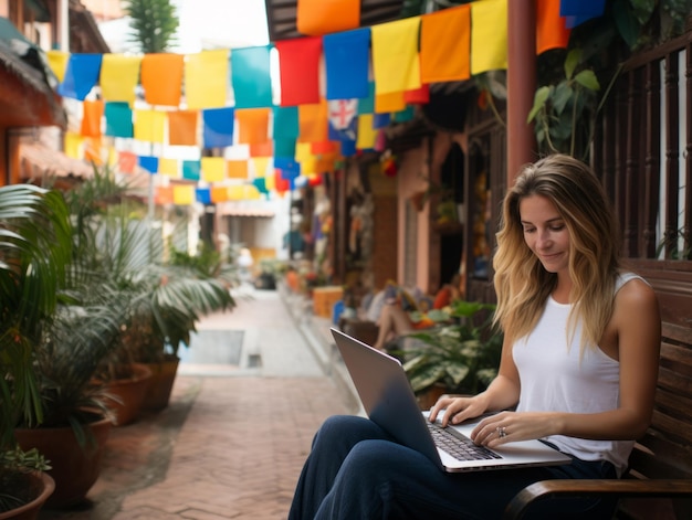 Foto vrouw uit colombia werkt aan een laptop in een levendige stedelijke omgeving
