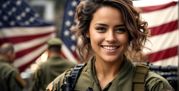 Vrouw uit het leger van de Verenigde Staten met nationale vlag