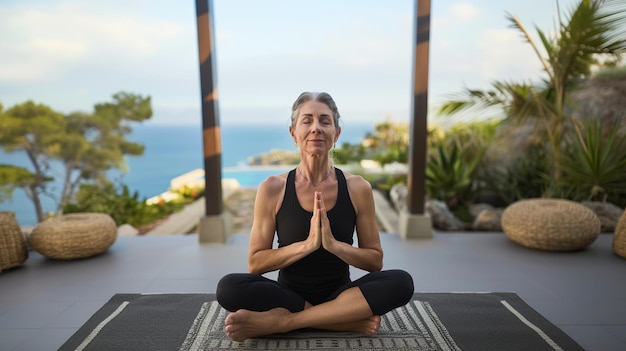 Vrouw van middelbare leeftijd die yoga beoefent op een patio met uitzicht op de zee