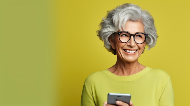 Vrouw van middelbare leeftijd gebruikt een mobiele telefoon op een groene achtergrond