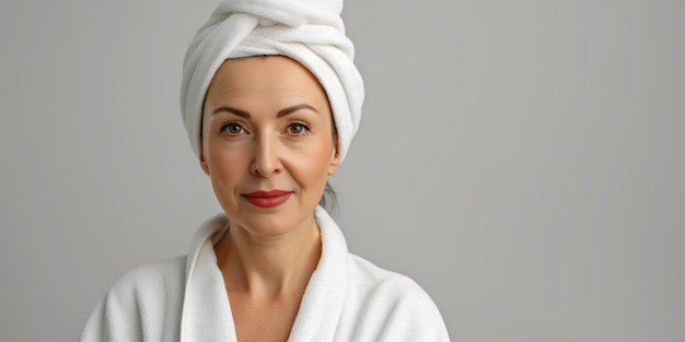 Vrouw van middelbare leeftijd in witte badjas in een spa salon die zelfvertrouwen en welzijn uitstraalt