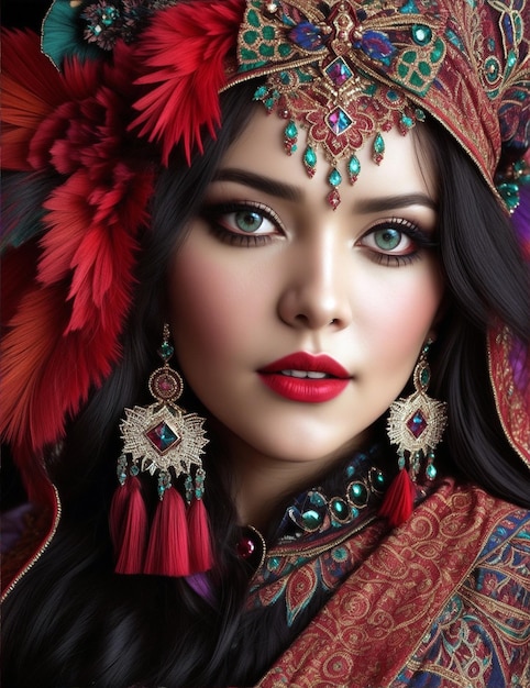 Vrouw van Russische afkomst versierd met levendige stoffen met ingewikkelde patronen die verhalen vertelden