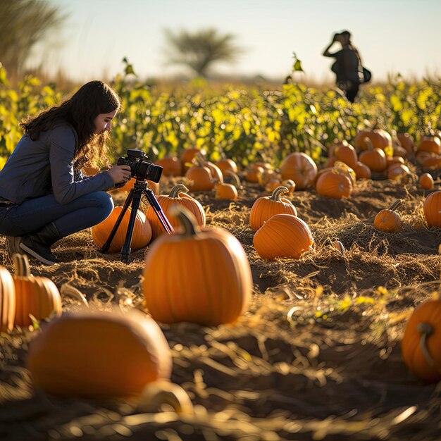 Vrouw vangt de schoonheid van herfstpompoenen in een schilderachtig veld