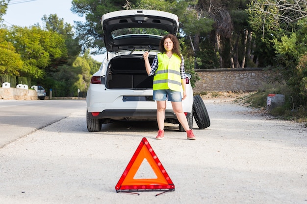 Vrouw verandert het wiel op de weg