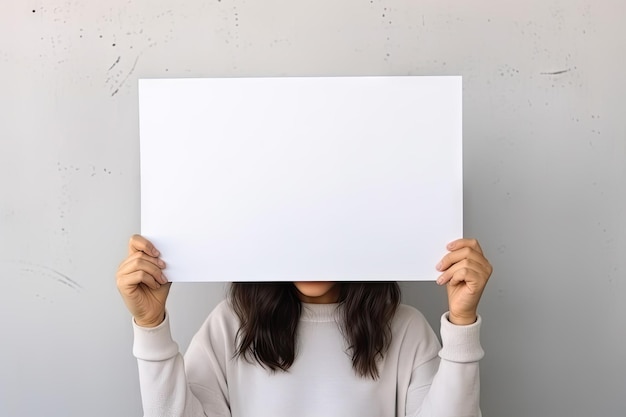 Vrouw verborgen achter een grote poster houd het vast