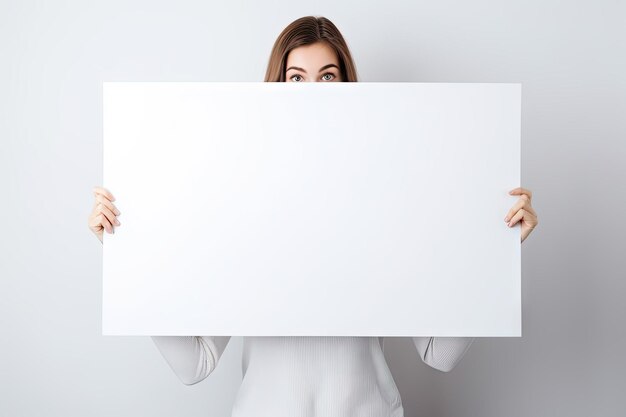 Vrouw verborgen achter een grote poster houd het vast