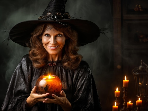 Vrouw verkleed als heks voor Halloween