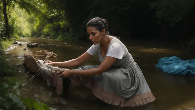 Vrouw vermaakt zich in de rivier terwijl ze kleren wast.