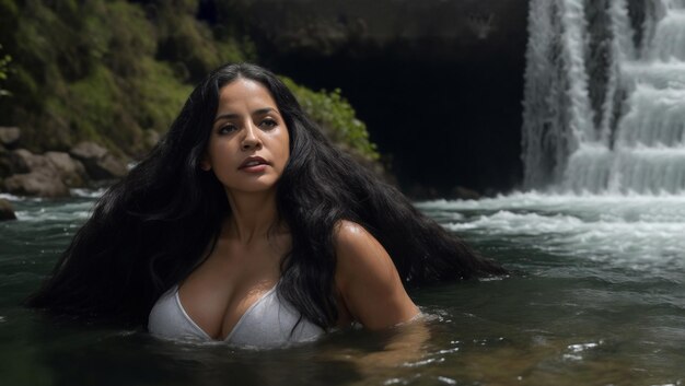 Vrouw vermaakt zich in de rivier terwijl ze kleren wast.