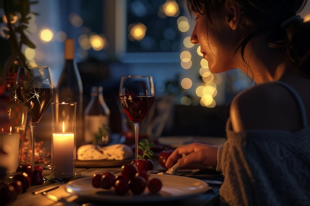 Foto vrouw verrast haar partner met een diner bij kaarslicht