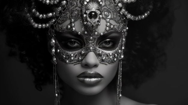 Vrouw versierd met een masker omarmt schoonheid