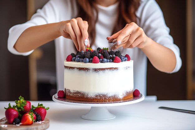 vrouw versiert een taart met bessen en aardbeien op een tafel generatieve ai