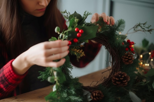 Vrouw versiert kersttak Interieur huis Genereer Ai