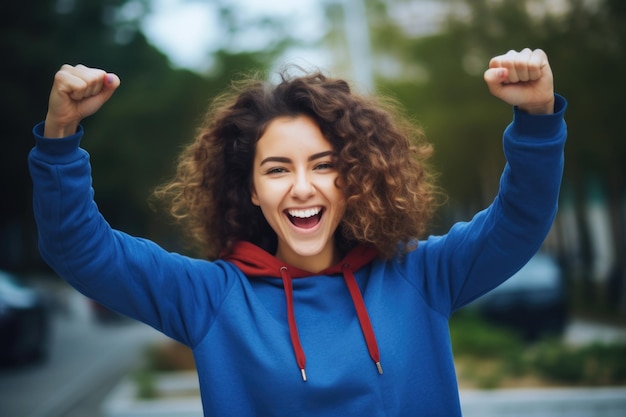 Foto vrouw viert succes met de duim omhoog