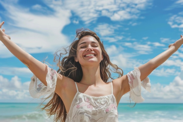 Vrouw viert vrijheid en geluk op het strand