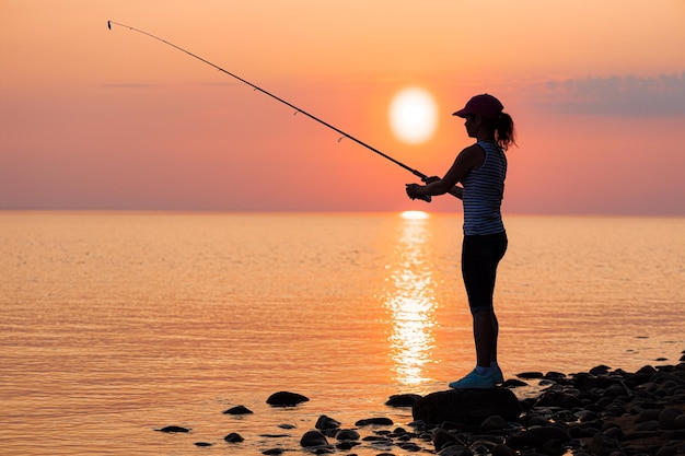 Vrouw vissen op hengel spinnen bij zonsondergang achtergrond.