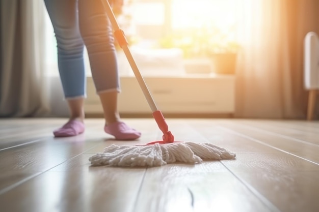 Vrouw vloer schoonmaken Genereer Ai