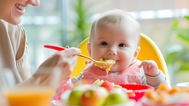 Vrouw voedt baby met lepel