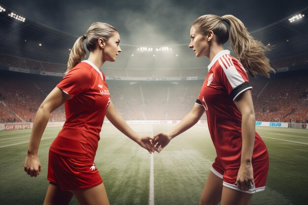 Vrouw voetballer op het veld en voetballen