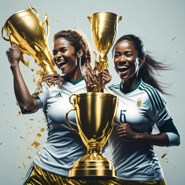 vrouw voetbalteam smille viert de overwinning