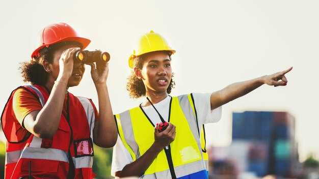 Vrouw voorman of ingenieur met behulp van verrekijker en partner wijzend op probleem focus vrachtcontainer