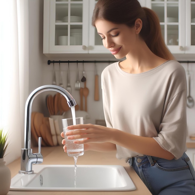 Vrouw vult glas met kraanwater uit de kraan in de witte keuken