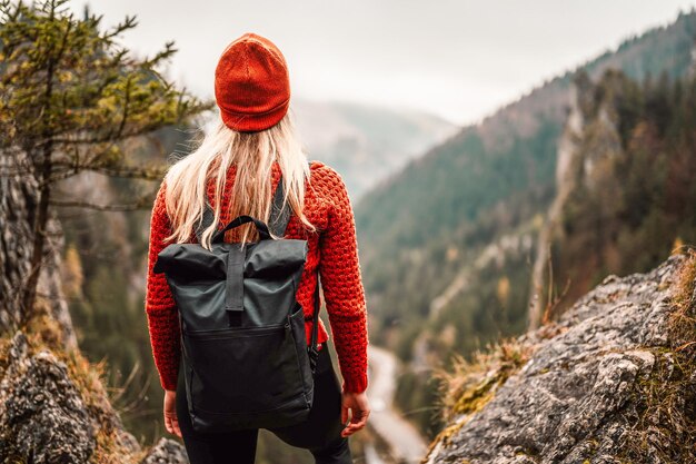 Vrouw wandelaar zit en geniet van uitzicht op de vallei vanuit het gezichtspunt Wandelaar bereikte de top van de berg en ontspant Slowakije mala fatra Avontuur en reizen in de bergen