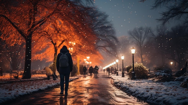 Vrouw wandelt's nachts in het park in de winter met sneeuwval