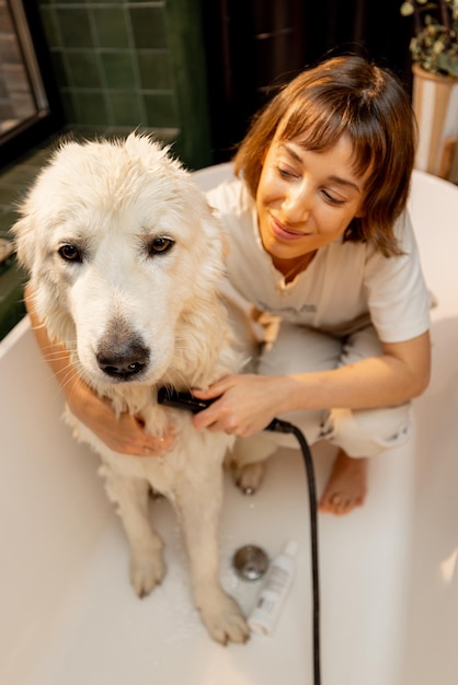 Vrouw wast haar hond thuis in bad