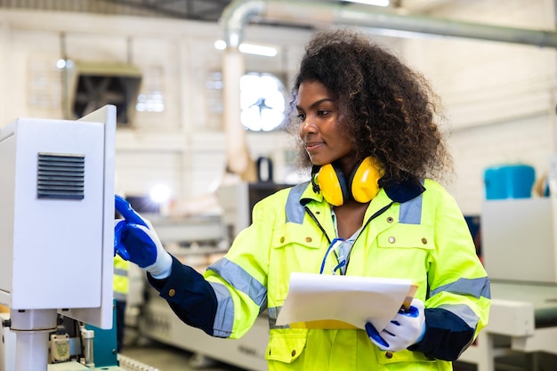 Vrouw werknemer werk controle bedienen CNC hout freesmachine in houten meubelen workshop technicus personeel vrouwen werken met moderne industrie machine